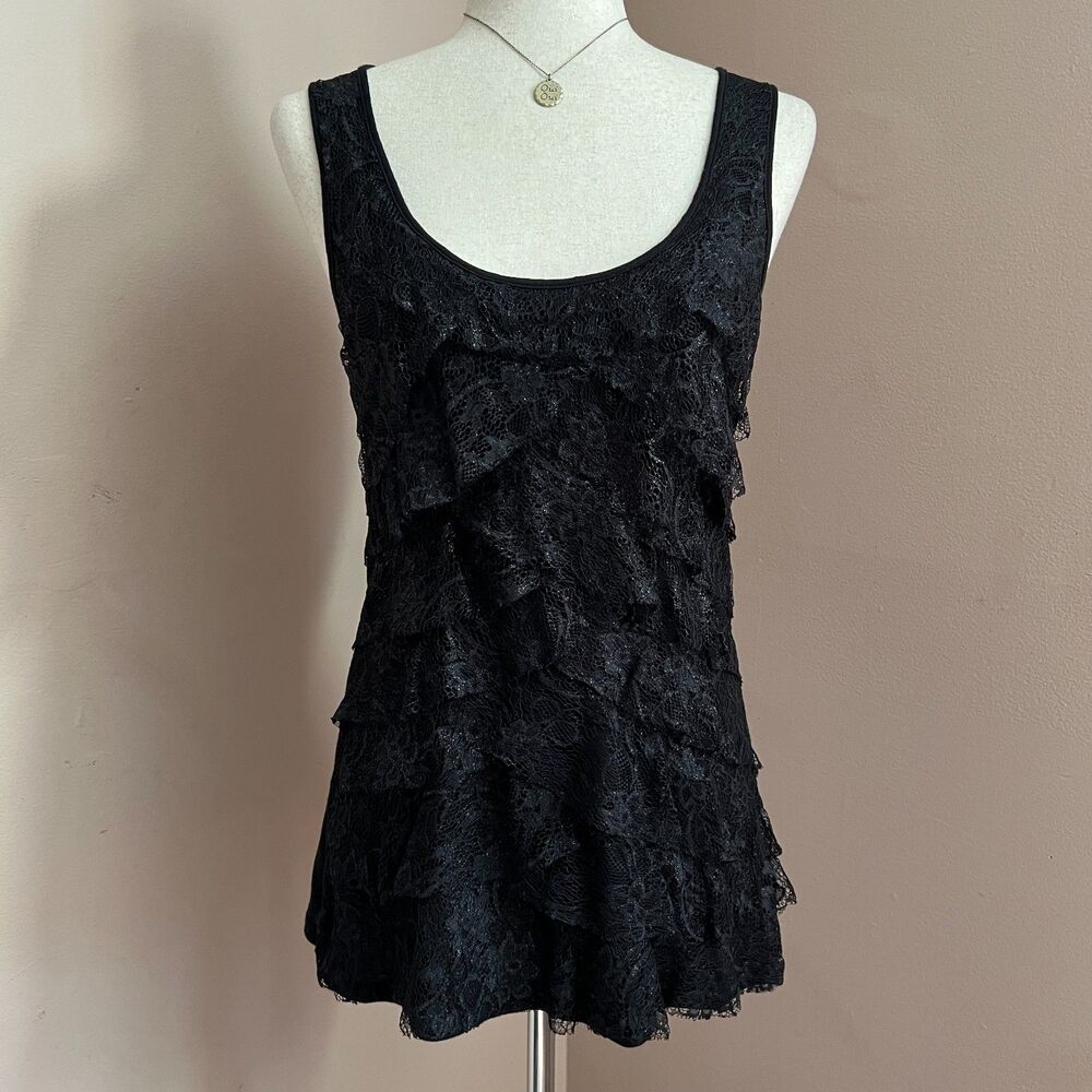 Y2K Express‎ Black Lace Ruffle Tank Top Whimsygoth Fairy Grunge Going Out Size M